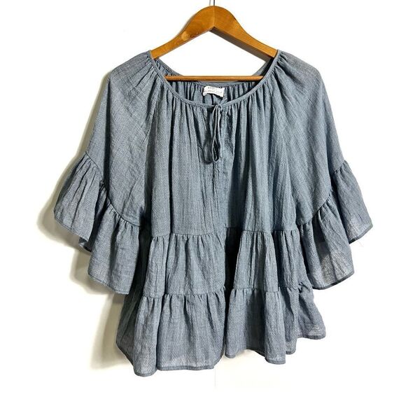 MUSTARD SEED Blue Chambray Ruffle Frills Tiered Dolman Bell Sleeve Blouse Top - Picture 6 of 6